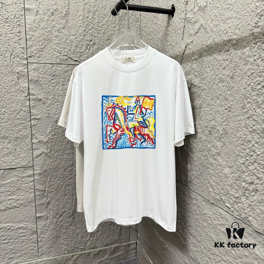 Hermes+ 2025 Spring/Summer New Arrival Classic Totem Abstract Line Horse Print Custom Double Gauze Plain Cotton Short Sleeve T-Shirt Unisex