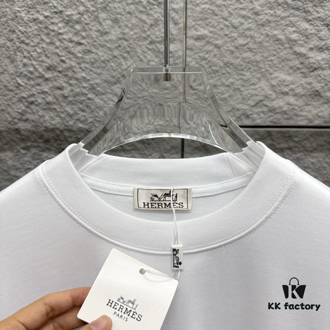 Hermes+ 2025 Spring/Summer New Arrival Classic Totem Abstract Line Horse Print Custom Double Gauze Plain Cotton Short Sleeve T-Shirt Unisex