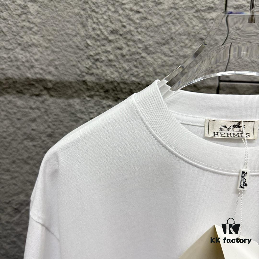 Hermes+ 2025 Spring/Summer New Arrival Classic Totem Abstract Line Horse Print Custom Double Gauze Plain Cotton Short Sleeve T-Shirt Unisex