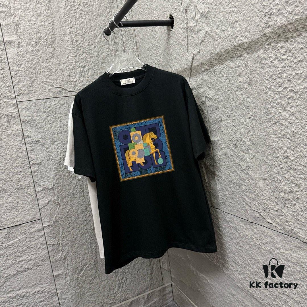Hermes-inspired 2025 Spring/Summer New Arrival Classic Totem Block Horse Print Custom Double Gauze Plain Weave 100% Cotton Short Sleeve T-Shirt Unisex