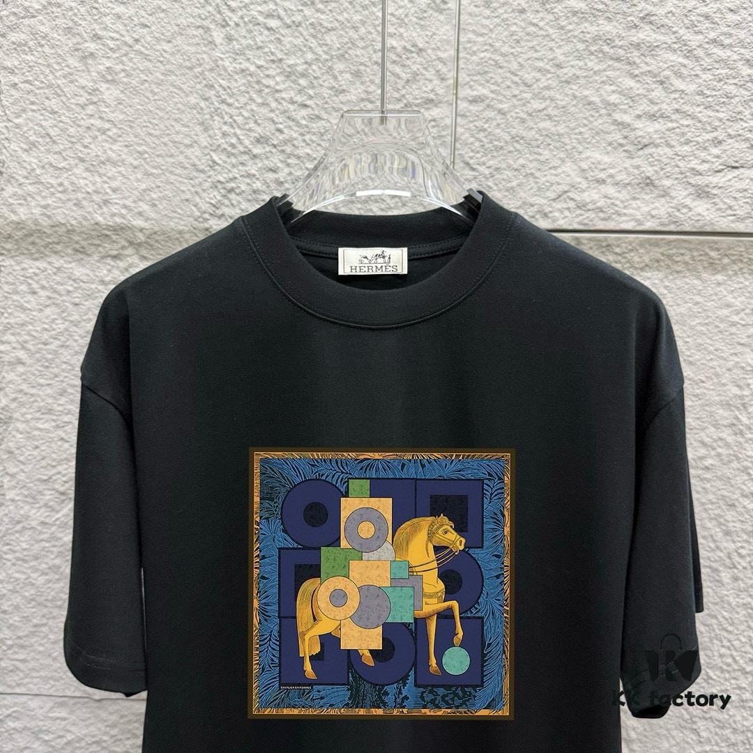 Hermes-inspired 2025 Spring/Summer New Arrival Classic Totem Block Horse Print Custom Double Gauze Plain Weave 100% Cotton Short Sleeve T-Shirt Unisex