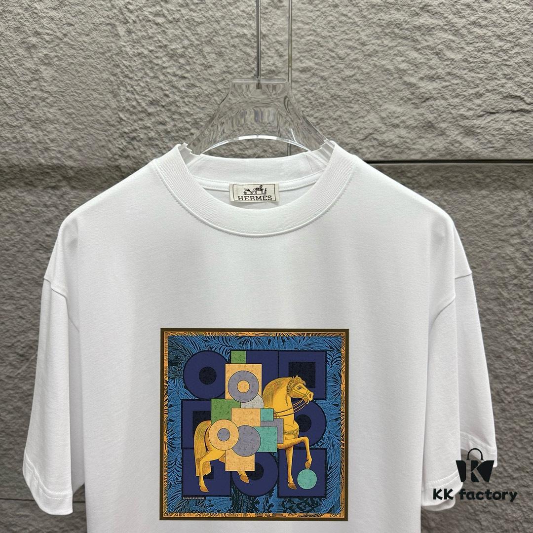 Hermès Inspired 2025 Spring/Summer New Arrival Classic Totem Building Block Horse Print Custom Double Gauze Plain Weave 100% Cotton Short Sleeve T-Shirt Unisex