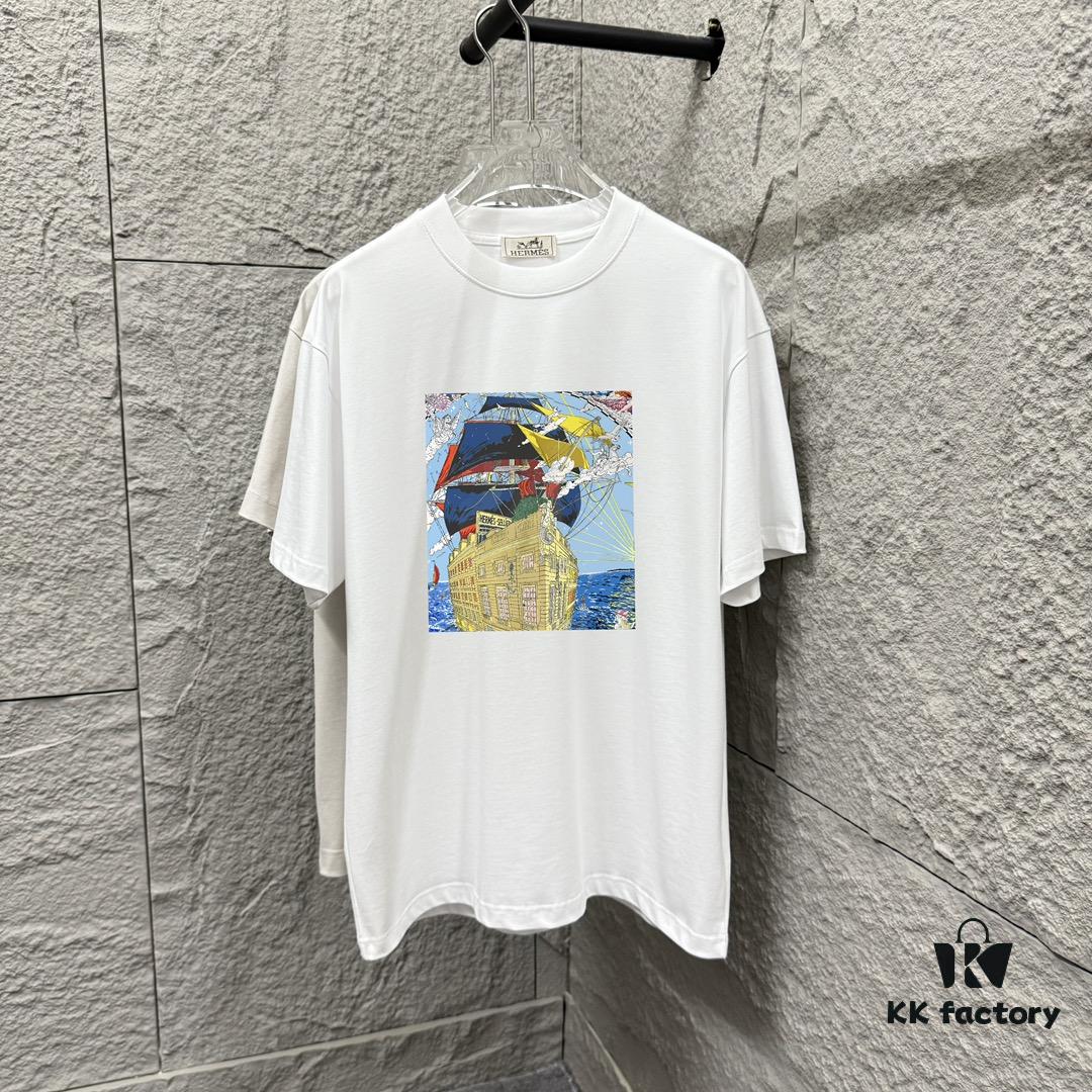 Hermes 2025 Spring/Summer New Arrival Sky Sea Freedom Boat Print Custom Double Gauze Plain Cotton Short Sleeve T-Shirt Unisex