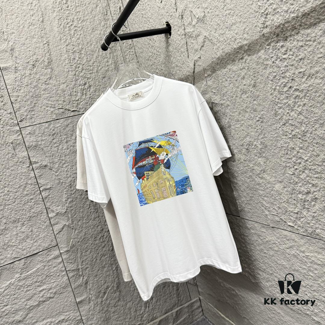 Hermes 2025 Spring/Summer New Arrival Sky Sea Freedom Boat Print Custom Double Gauze Plain Cotton Short Sleeve T-Shirt Unisex