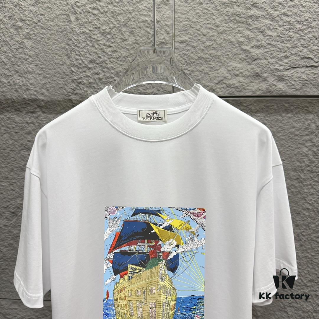 Hermes 2025 Spring/Summer New Arrival Sky Sea Freedom Boat Print Custom Double Gauze Plain Cotton Short Sleeve T-Shirt Unisex