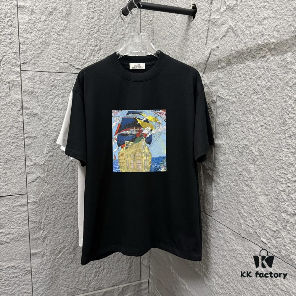 Hermes 2025 Spring/Summer New Arrival Sky Sea Freedom Ship Print Custom Double Gauze Plain Cotton Short Sleeve T-Shirt Unisex