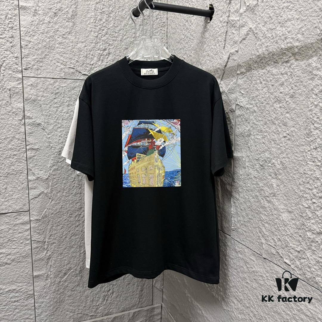 Hermes 2025 Spring/Summer New Arrival Sky Sea Freedom Ship Print Custom Double Gauze Plain Cotton Short Sleeve T-Shirt Unisex