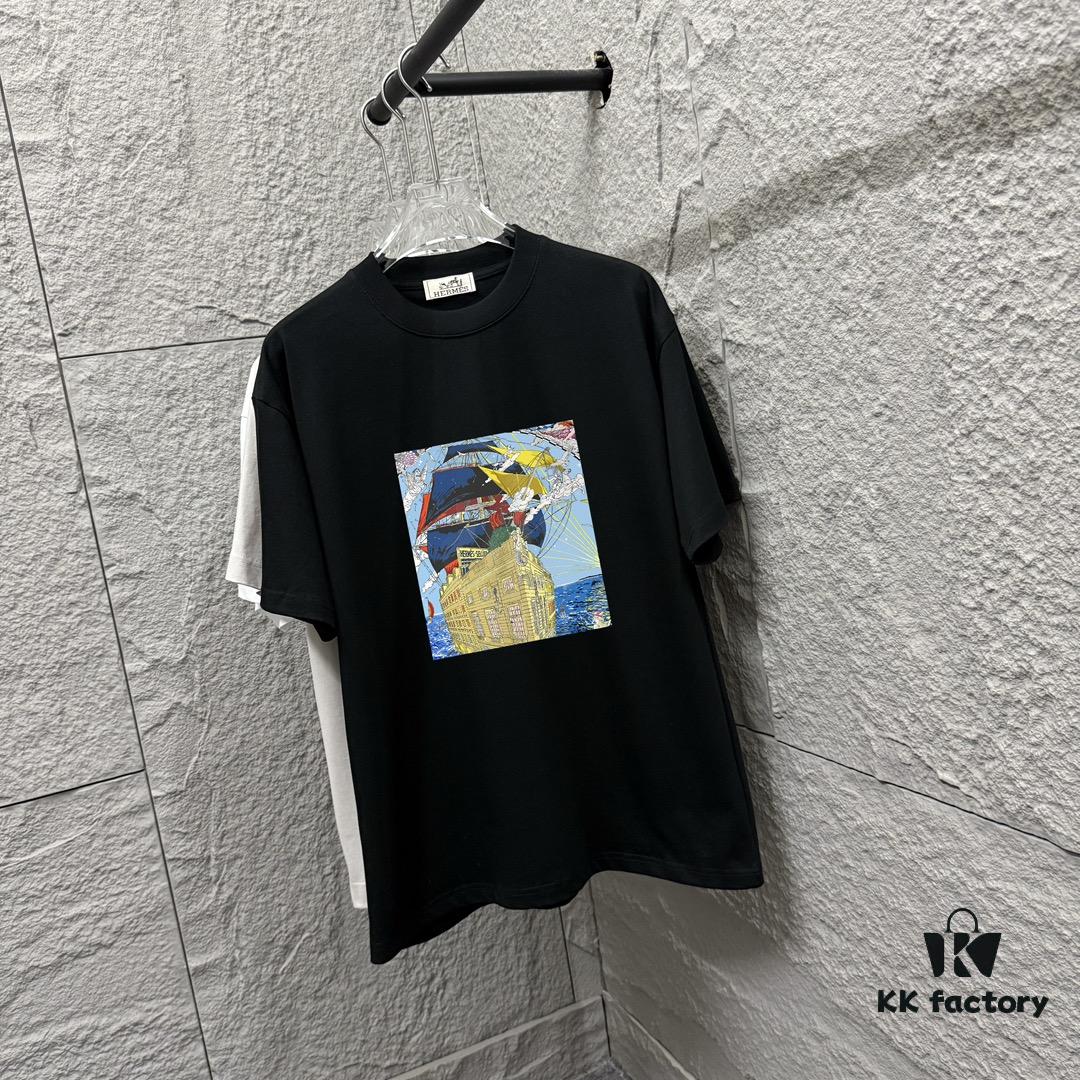 Hermes 2025 Spring/Summer New Arrival Sky Sea Freedom Ship Print Custom Double Gauze Plain Cotton Short Sleeve T-Shirt Unisex