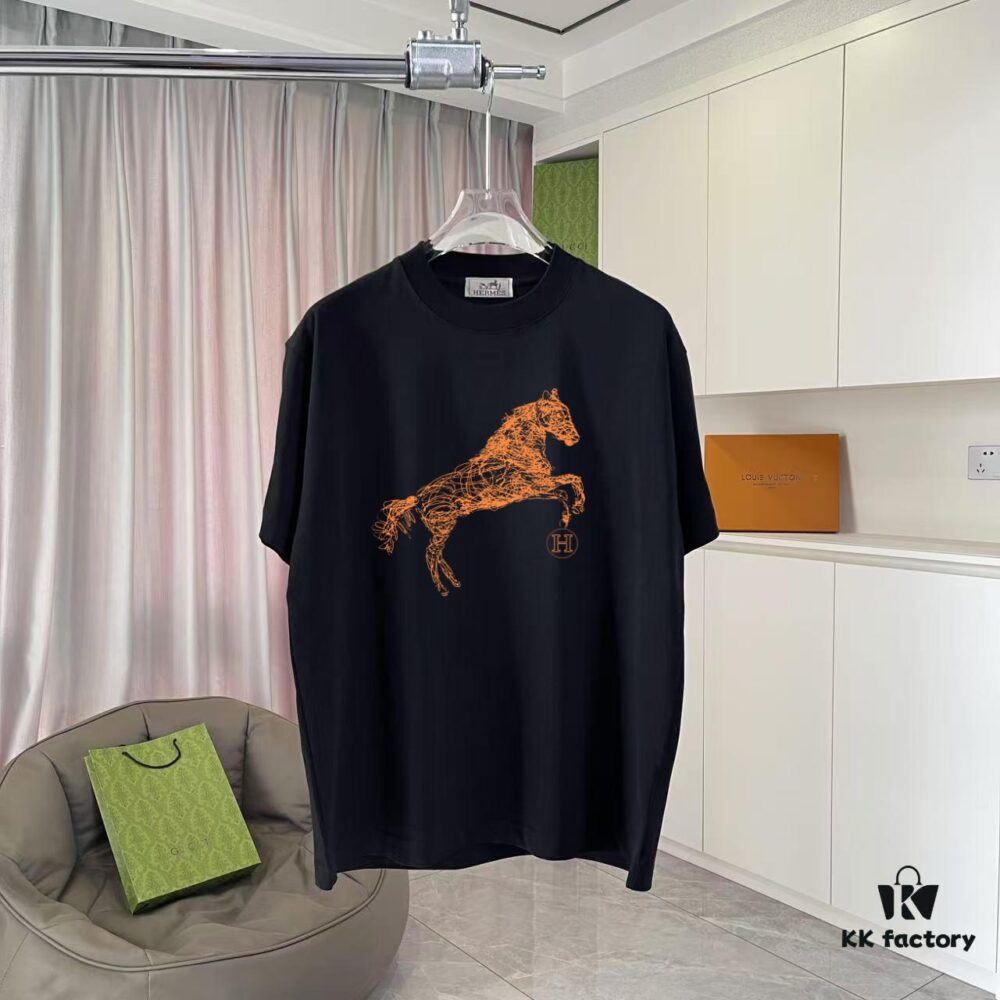 Hermes 2025 Spring/Summer New Arrival Personalized Logo Print Custom Fabric 300g Short Sleeve T-Shirt Unisex
