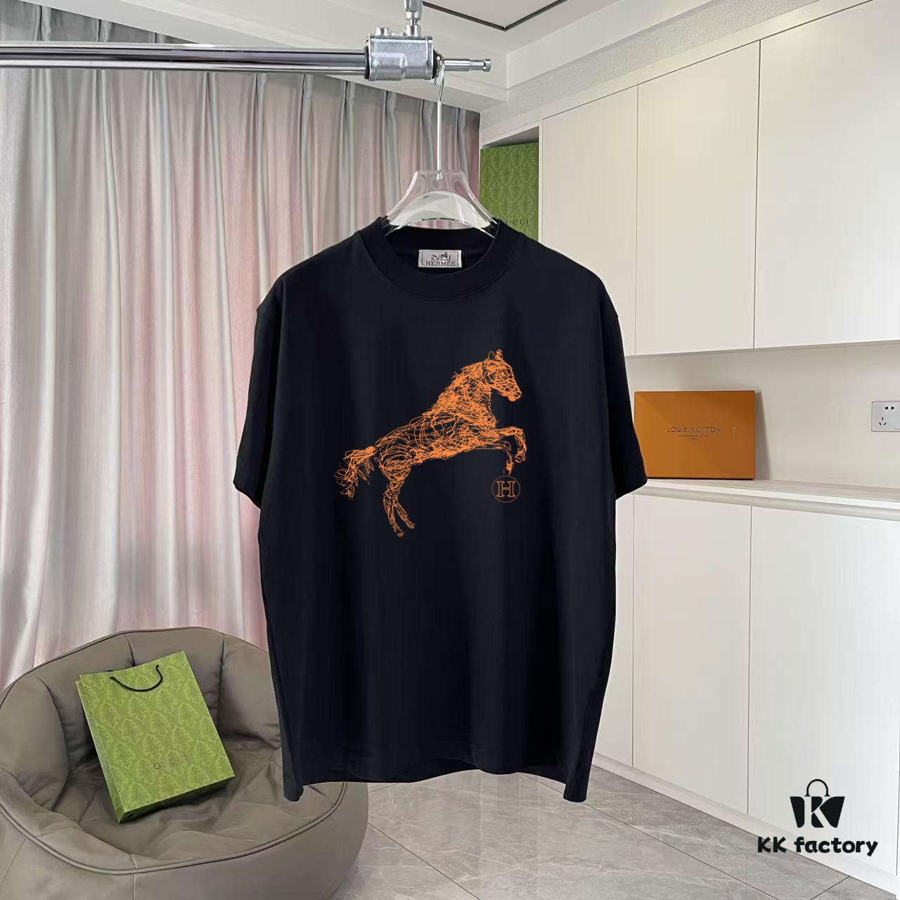 Hermes 2025 Spring/Summer New Arrival Personalized Logo Print Custom Fabric 300g Short Sleeve T-Shirt Unisex