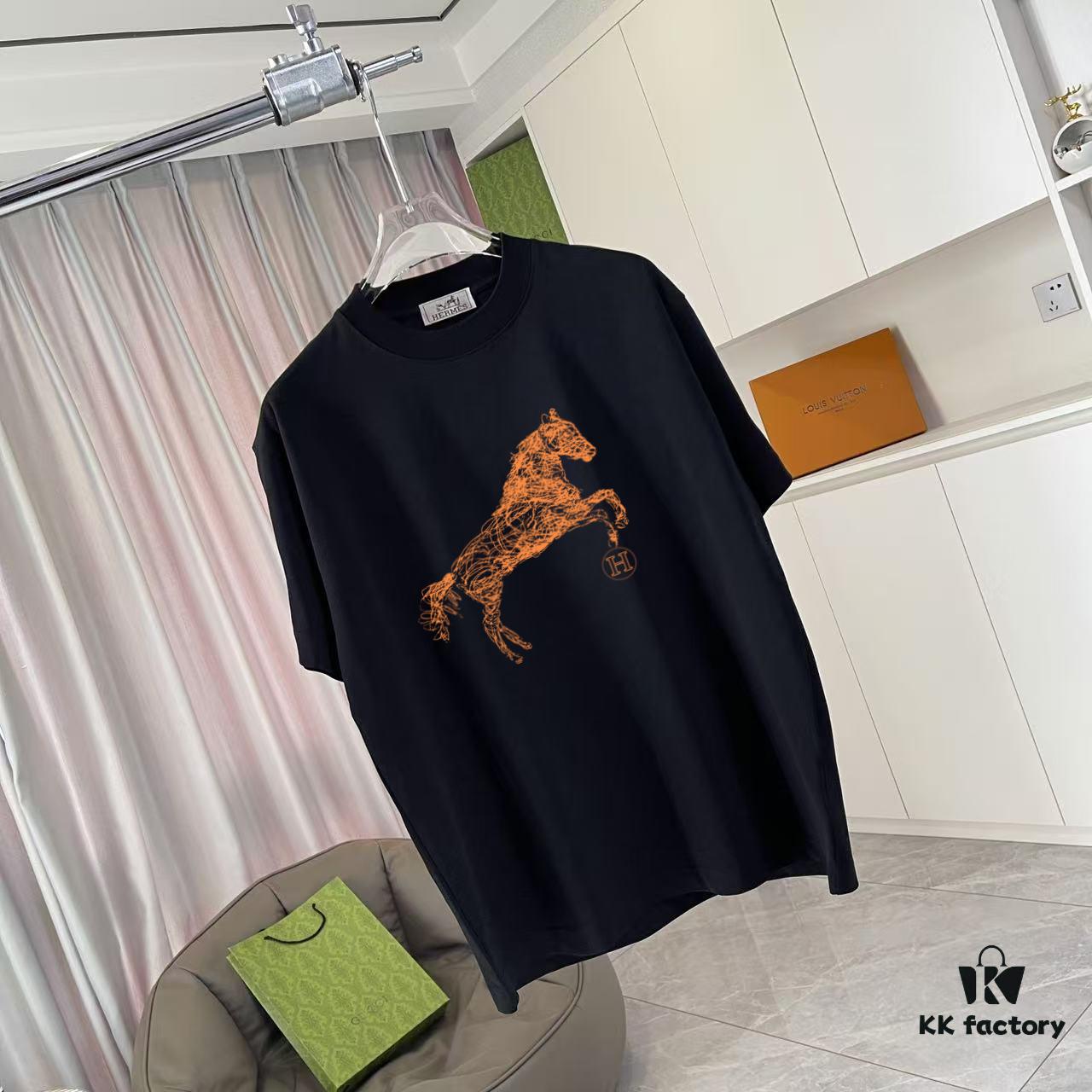 Hermes 2025 Spring/Summer New Arrival Personalized Logo Print Custom Fabric 300g Short Sleeve T-Shirt Unisex