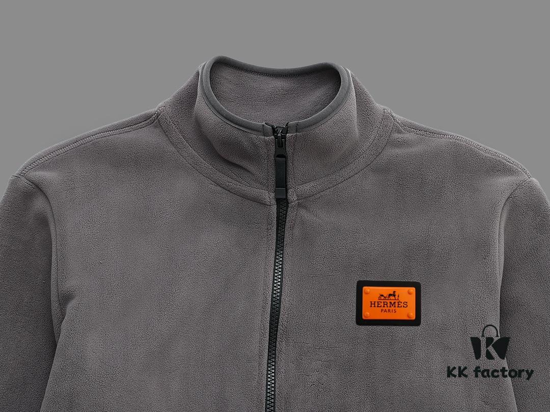 Hermes (Complete Three Labels) 2024 Fall/Winter Men's Cardigan Crewneck Jacket Imported Double-Sided Fleece Fabric