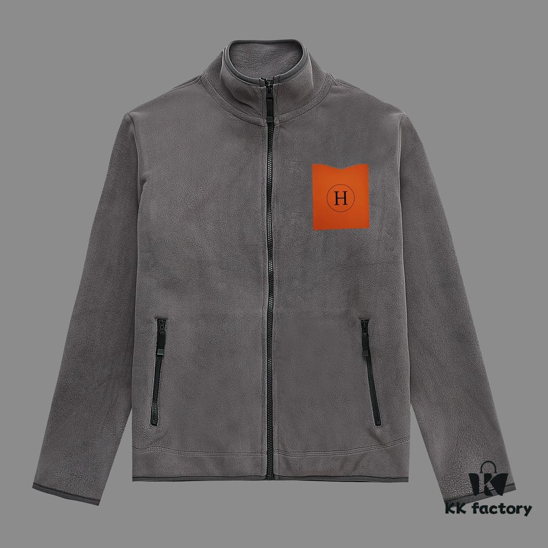 Hermes (Complete Three Labels) 2024 Autumn-Winter Men's Cardigan Turtleneck Jacket, Imported Double-Sided Fleece Fabric