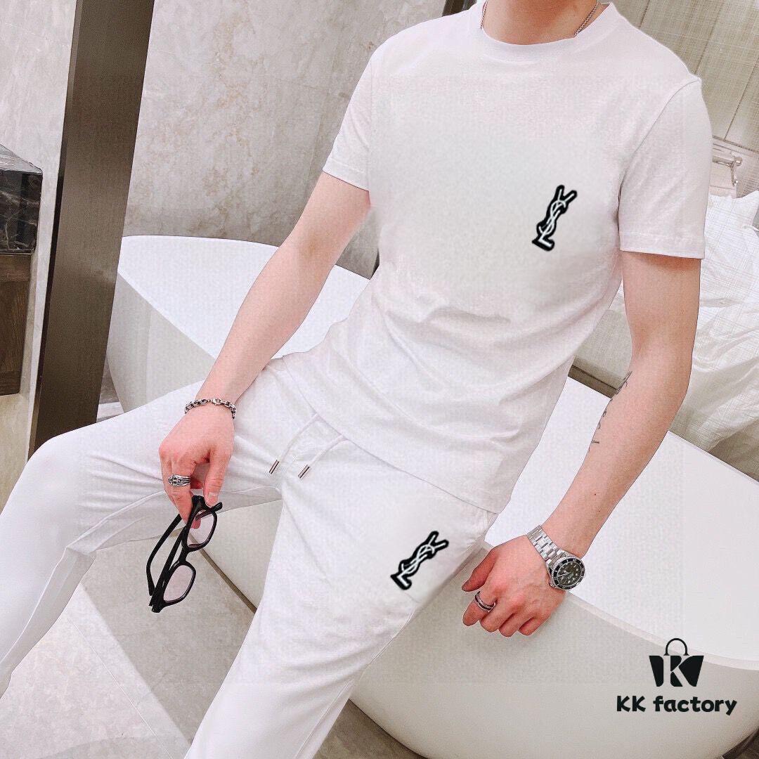 YSL Saint Laurent Men's Double Mercerized High-Quality Cotton Summer Suit Set, Imported Premium Fabric, Fashion Trend Style, Versatile and Elegant Design