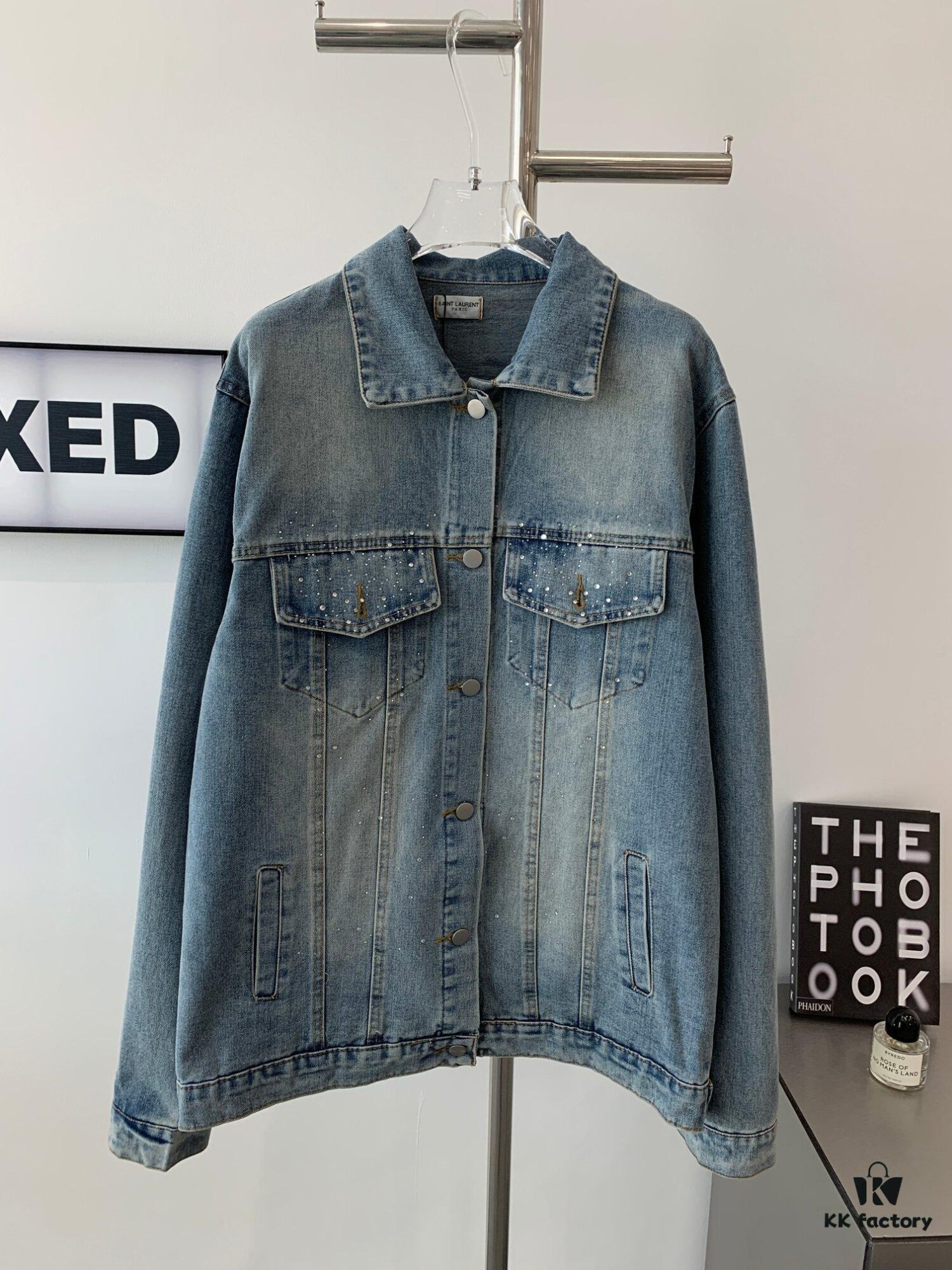 New Saint Laurent YSL Star Sequin Embroidery Distressed Rhinestone Denim Jacket for Men and Women