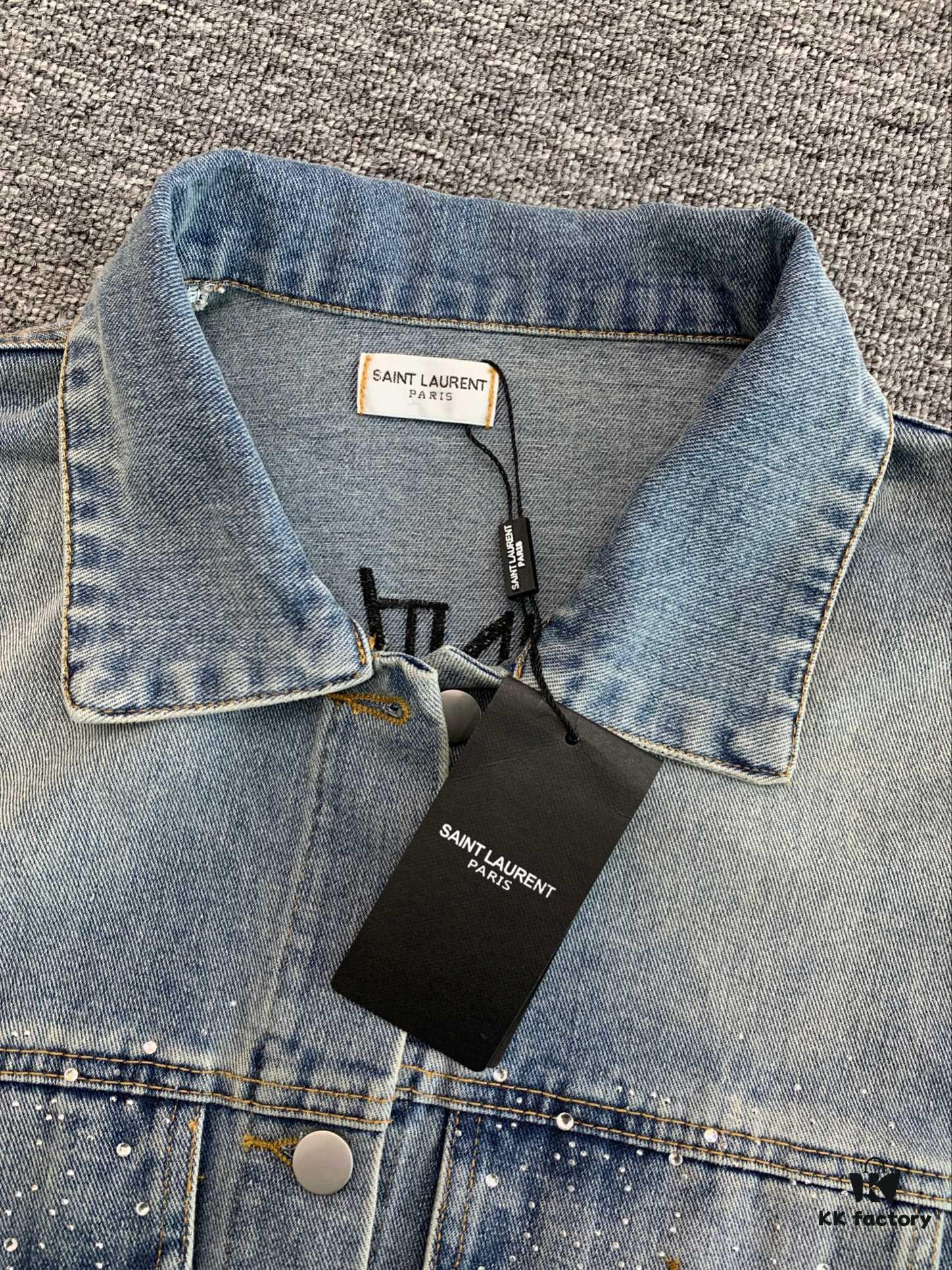 New Saint Laurent YSL Star Sequin Embroidery Distressed Rhinestone Denim Jacket for Men and Women