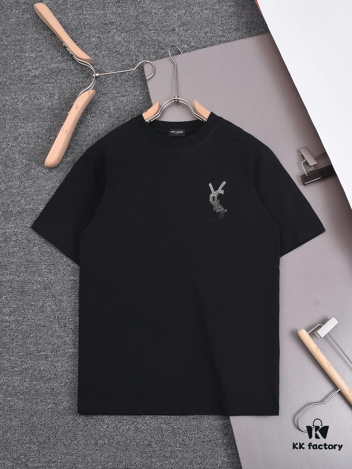 New Arrival 25S Saint Laurent Rhinestone T-Shirt, Heavyweight Cotton Washed Fabric, Unisex Loose Fit Fashion Tee