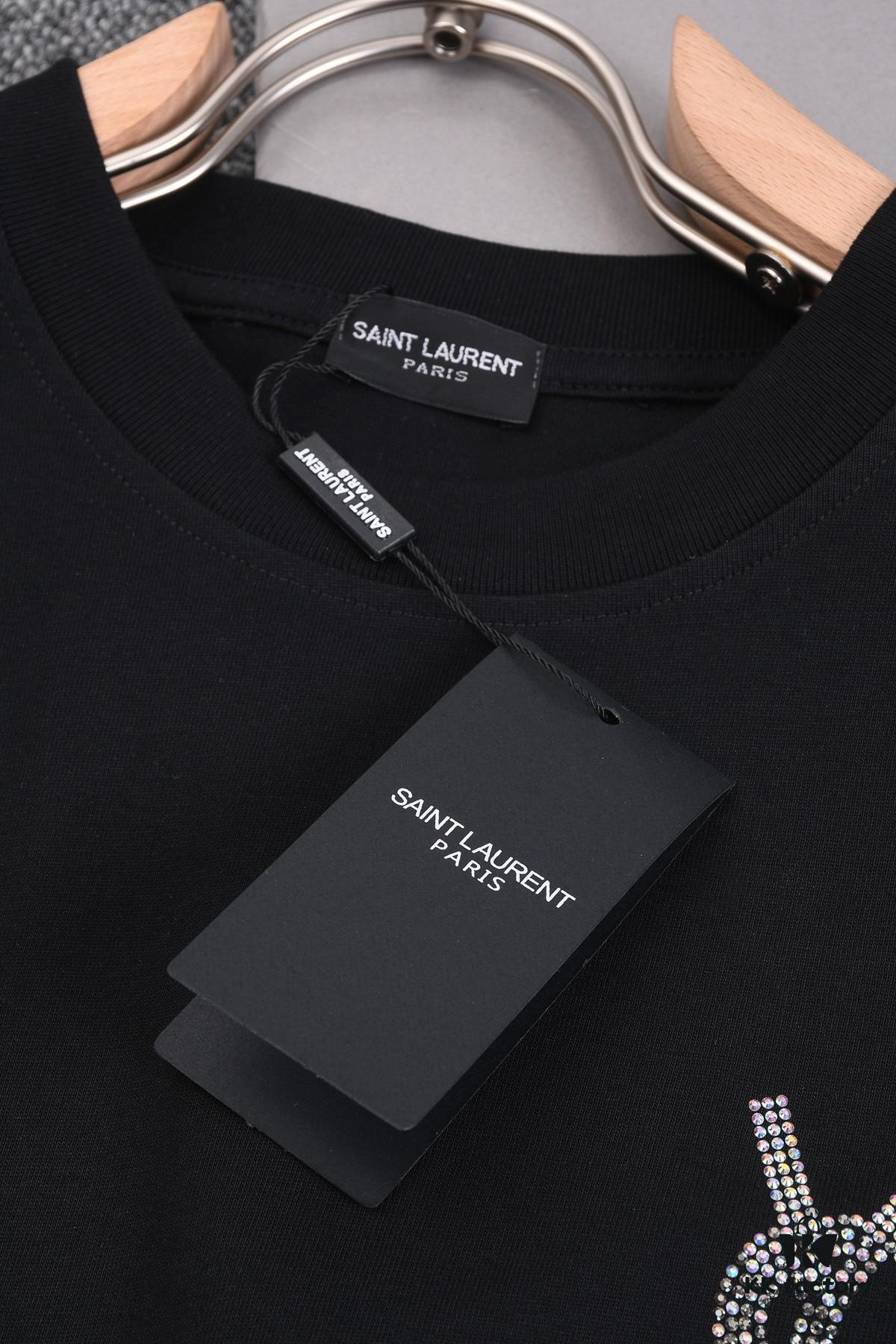 New Arrival 25S Saint Laurent Rhinestone T-Shirt, Heavyweight Cotton Washed Fabric, Unisex Loose Fit Fashion Tee