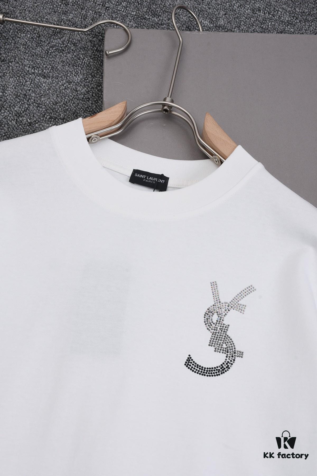 New Arrival 25S Saint Laurent Rhinestone T-Shirt, Heavyweight Washed Cotton Unisex Tee