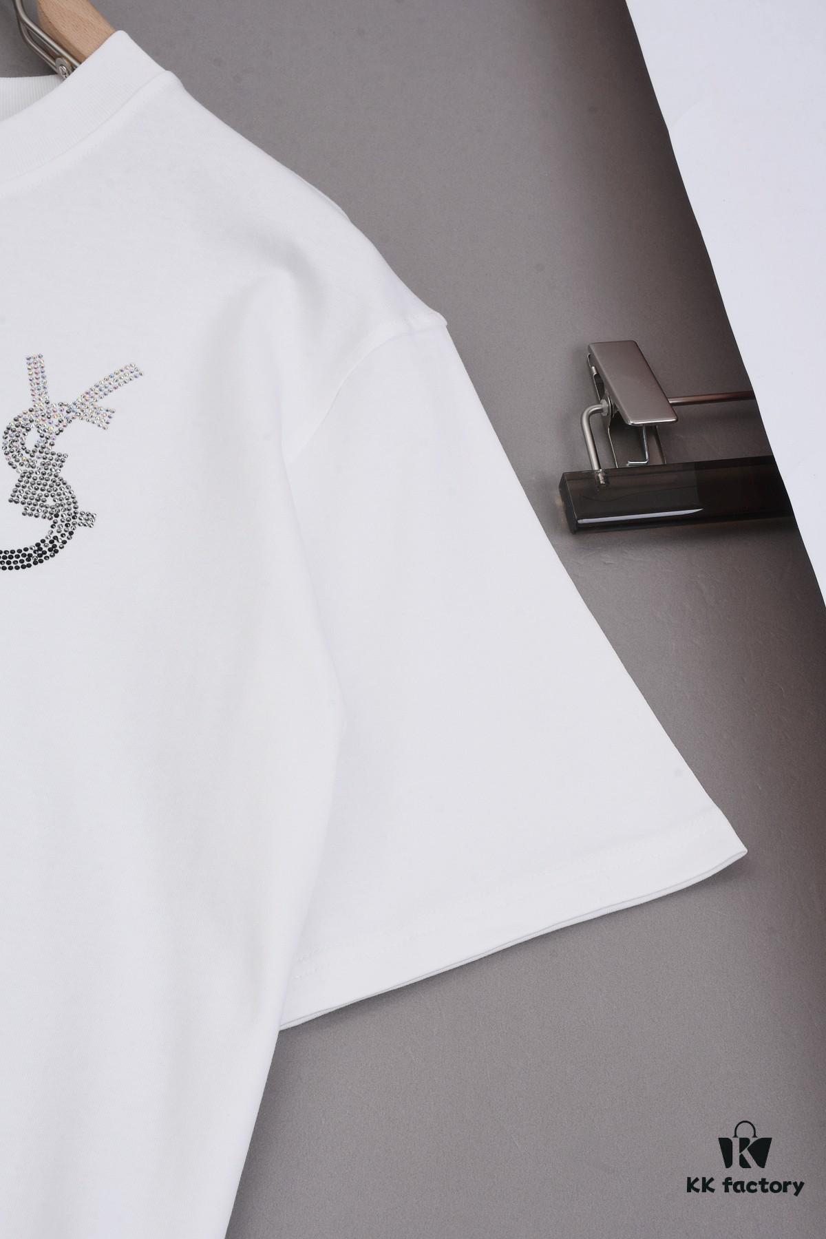 New Arrival 25S Saint Laurent Rhinestone T-Shirt, Heavyweight Washed Cotton Unisex Tee