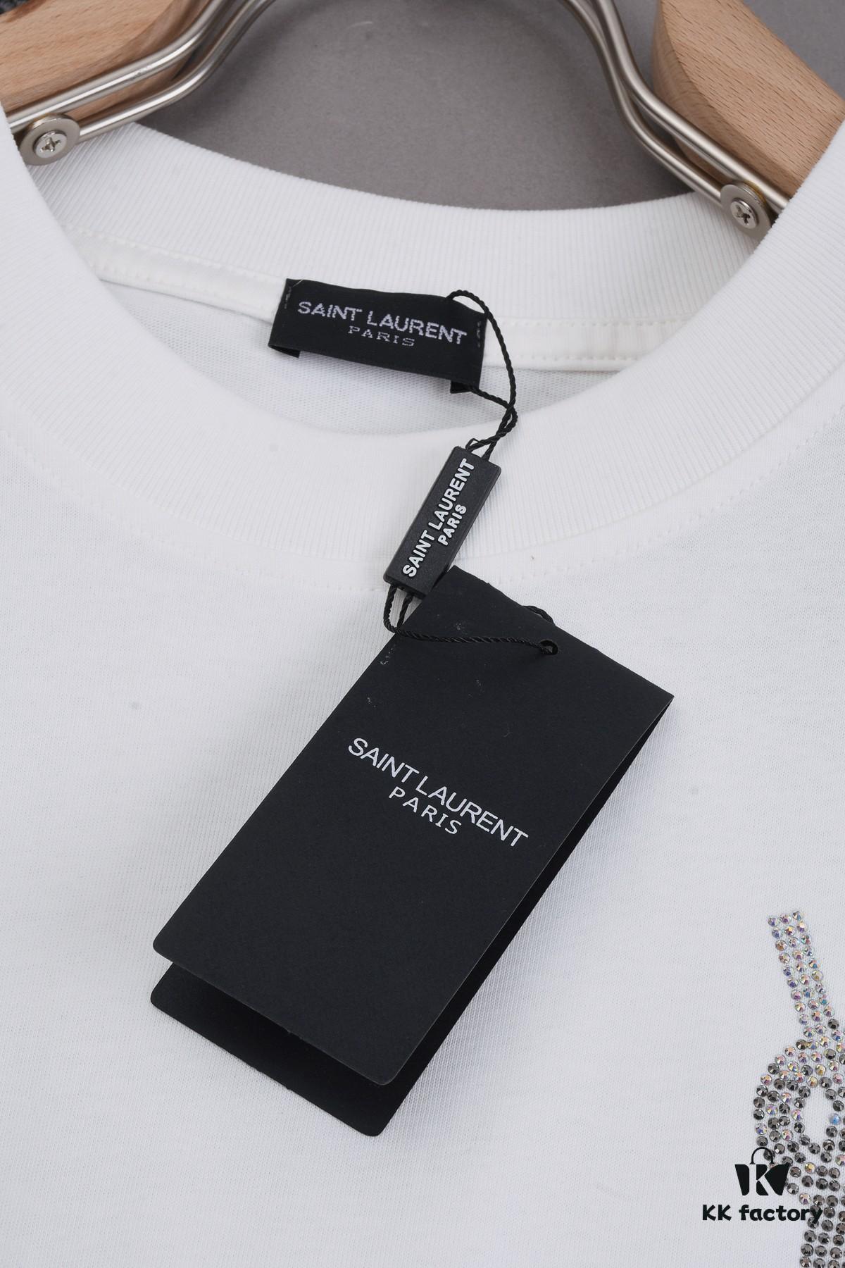 New Arrival 25S Saint Laurent Rhinestone T-Shirt, Heavyweight Washed Cotton Unisex Tee
