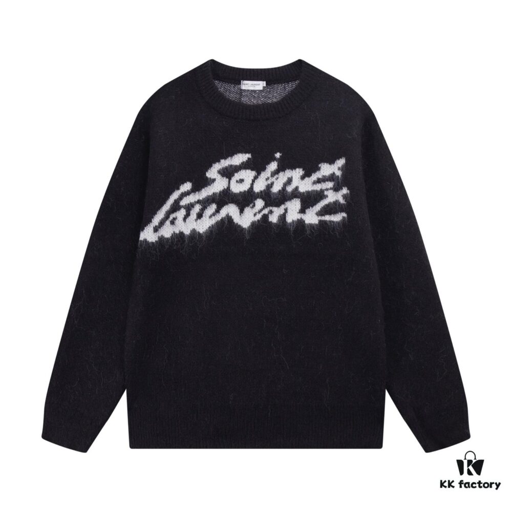 SLY Saint Laurent Script Signature Jacquard Mohair Crew Neck Sweater