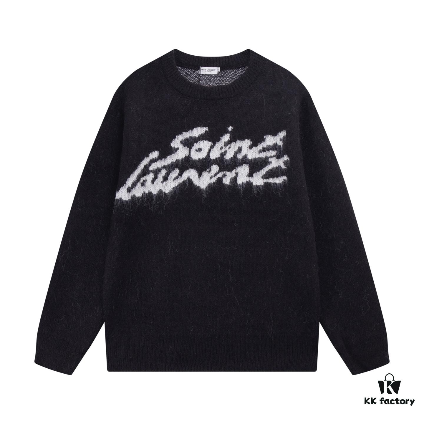 SLY Saint Laurent Script Signature Jacquard Mohair Crew Neck Sweater