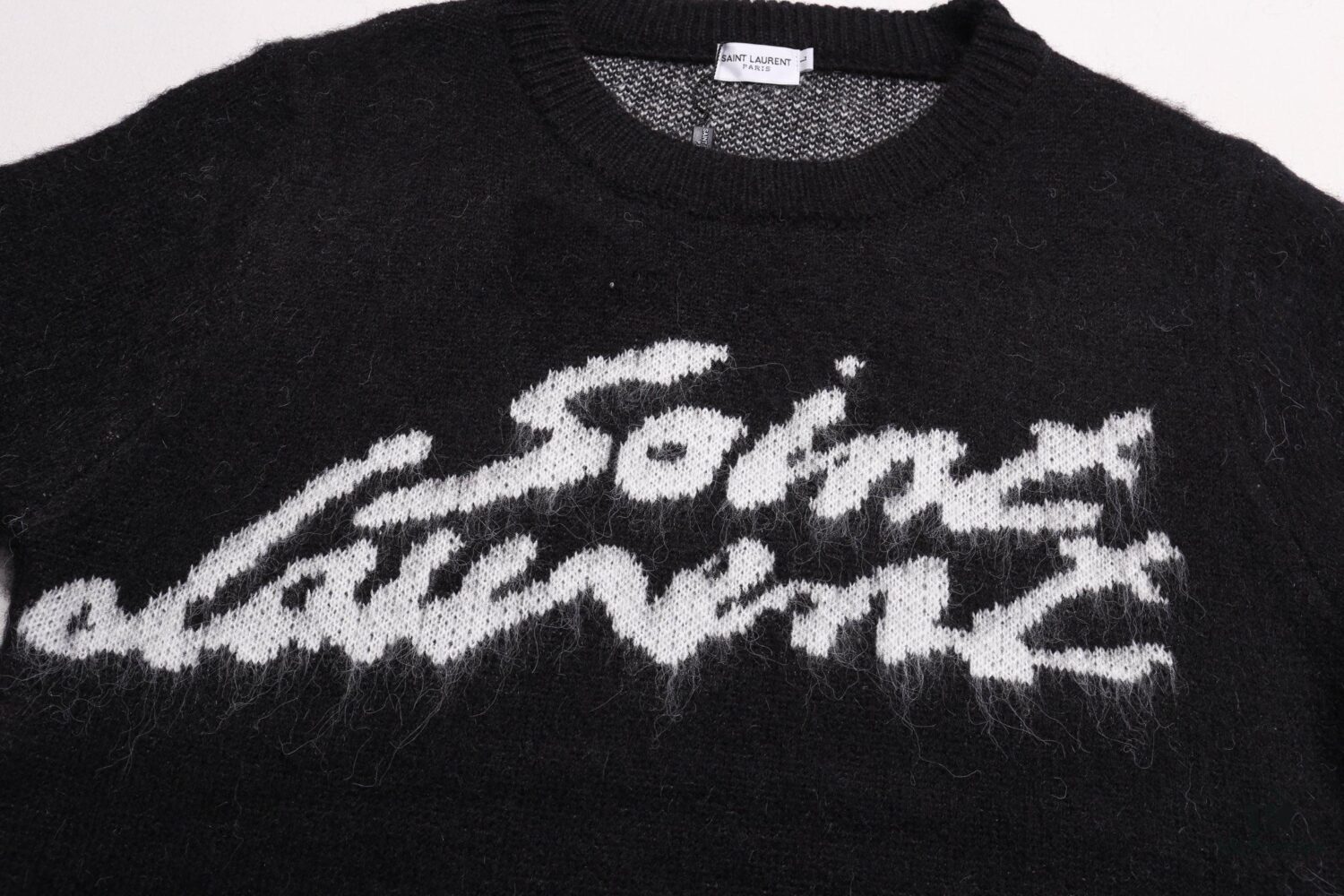 SLY Saint Laurent Script Signature Jacquard Mohair Crew Neck Sweater