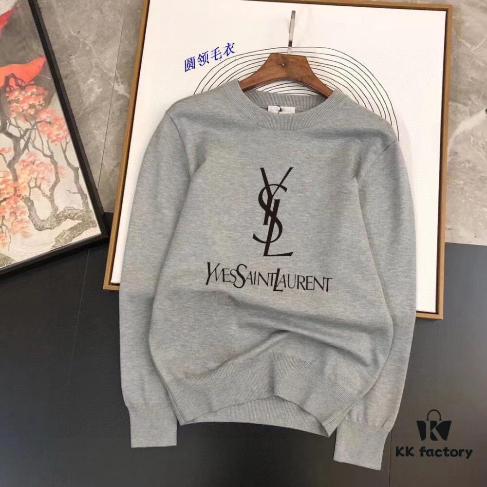 YSL Saint Laurent Autumn-Winter Classic Round-Neck Pullover Wool Sweater, 2025 Latest Design, Proportional Fit, Color-Contrast Logo