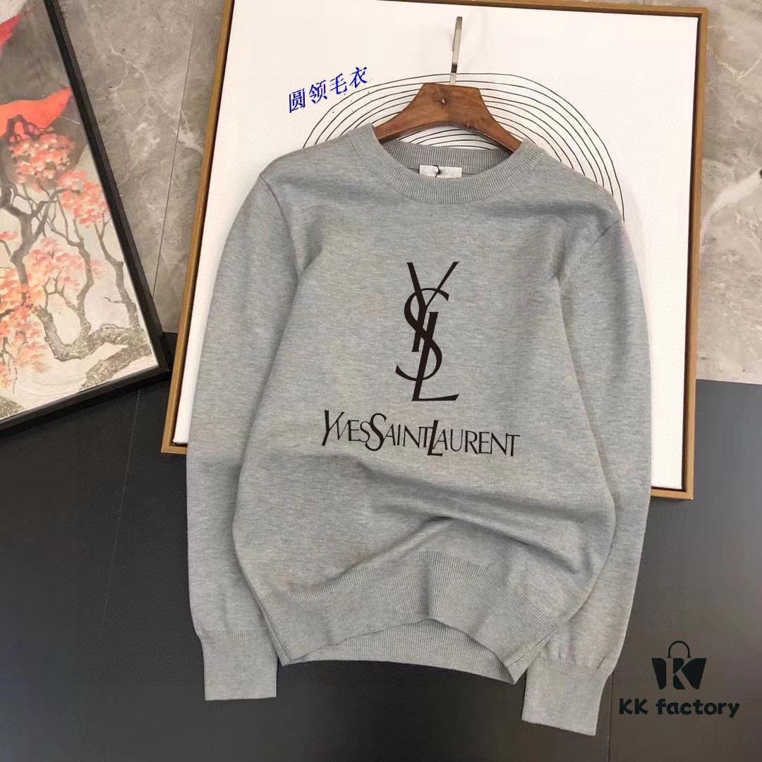 YSL Saint Laurent Autumn-Winter Classic Round-Neck Pullover Wool Sweater, 2025 Latest Design, Proportional Fit, Color-Contrast Logo