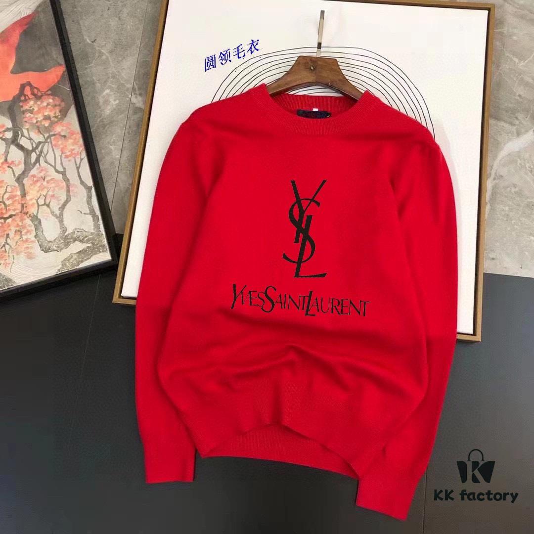 YSL Saint Laurent Autumn-Winter Classic Round-Neck Pullover Wool Sweater, 2025 Latest Design, Proportional Fit, Color-Contrast Logo