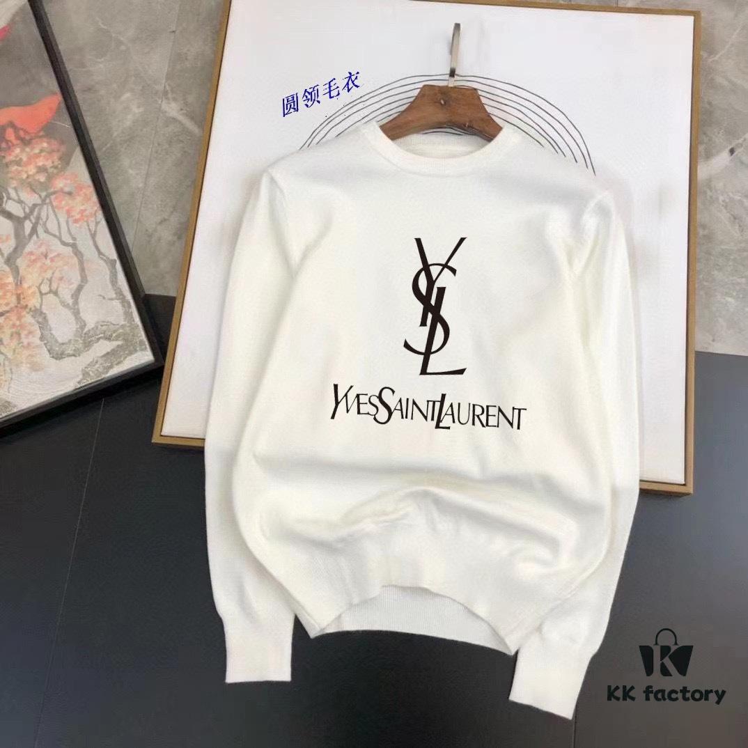 YSL Saint Laurent Autumn-Winter Classic Round-Neck Pullover Wool Sweater, 2025 Latest Design, Proportional Fit, Color-Contrast Logo