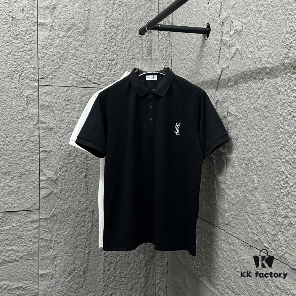 YSL Saint Laurent Short-Sleeve Polo Shirt 2025 Spring/Summer New Arrival Minimalist Letter Embroidery Beaded Fabric Unisex Stand-Collar Polo