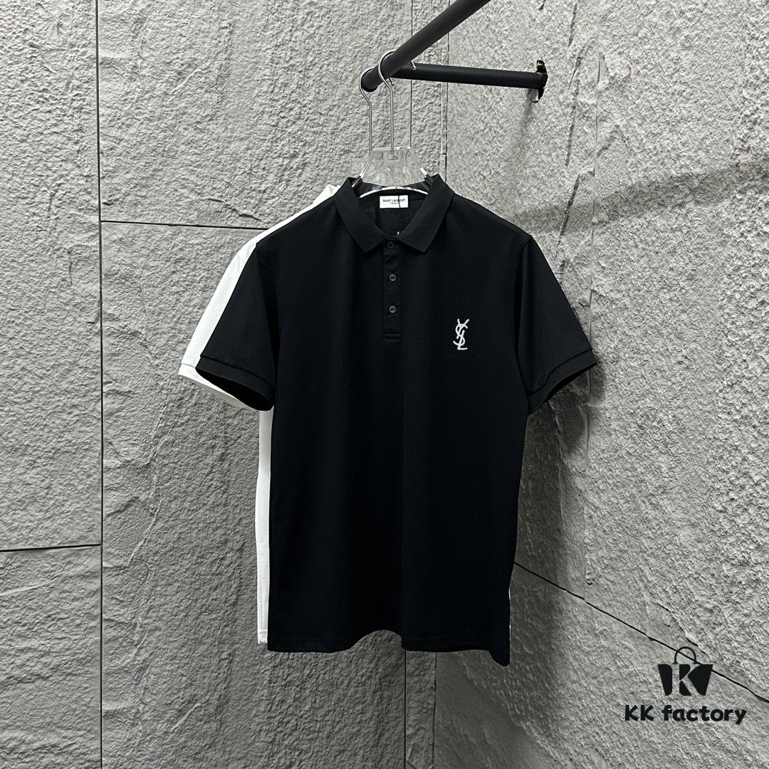 YSL Saint Laurent Short-Sleeve Polo Shirt 2025 Spring/Summer New Arrival Minimalist Letter Embroidery Beaded Fabric Unisex Stand-Collar Polo