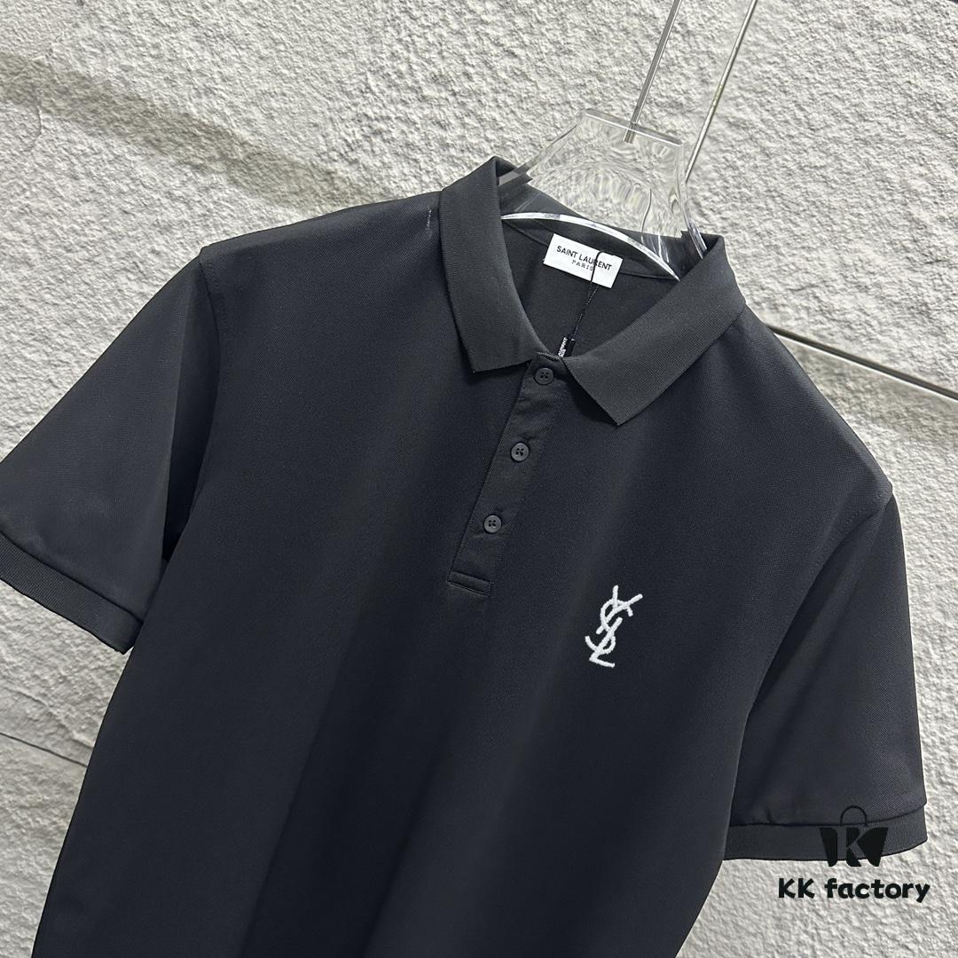 YSL Saint Laurent Short-Sleeve Polo Shirt 2025 Spring/Summer New Arrival Minimalist Letter Embroidery Beaded Fabric Unisex Stand-Collar Polo