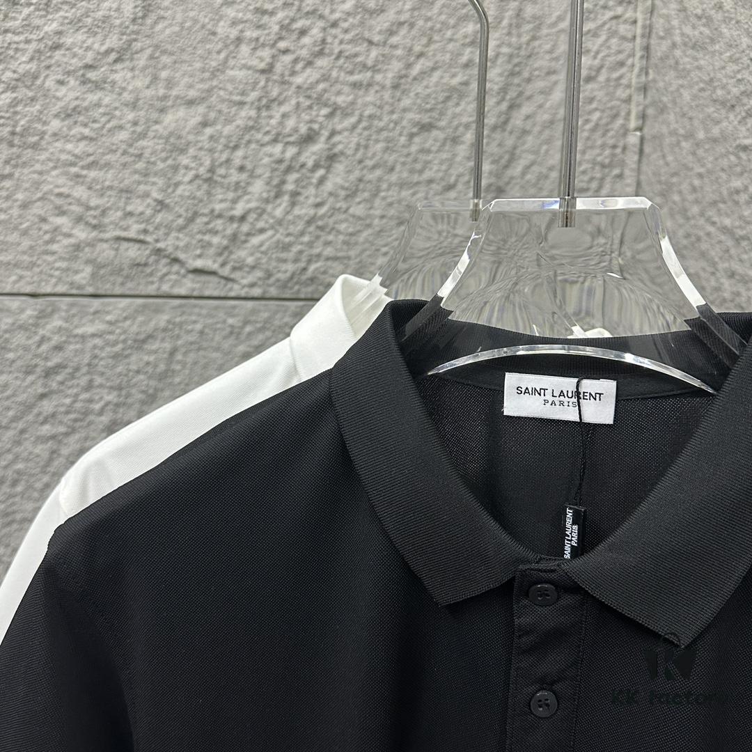 YSL Saint Laurent Short-Sleeve Polo Shirt 2025 Spring/Summer New Arrival Minimalist Letter Embroidery Beaded Fabric Unisex Stand-Collar Polo