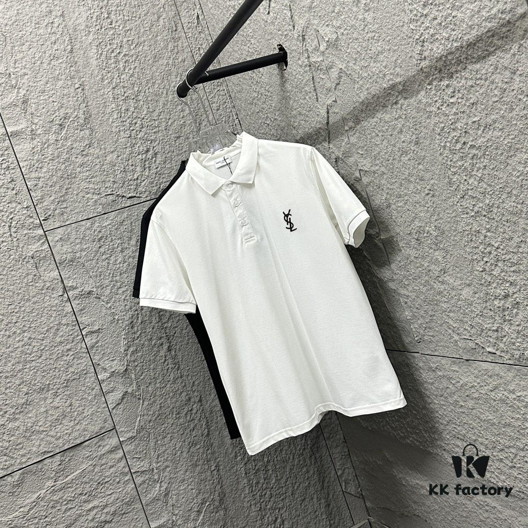 YSL Saint Laurent Short-Sleeve Polo Shirt 2025 Spring/Summer New Arrival Minimalist Letter Embroidery Beaded Fabric Unisex Polo Collar