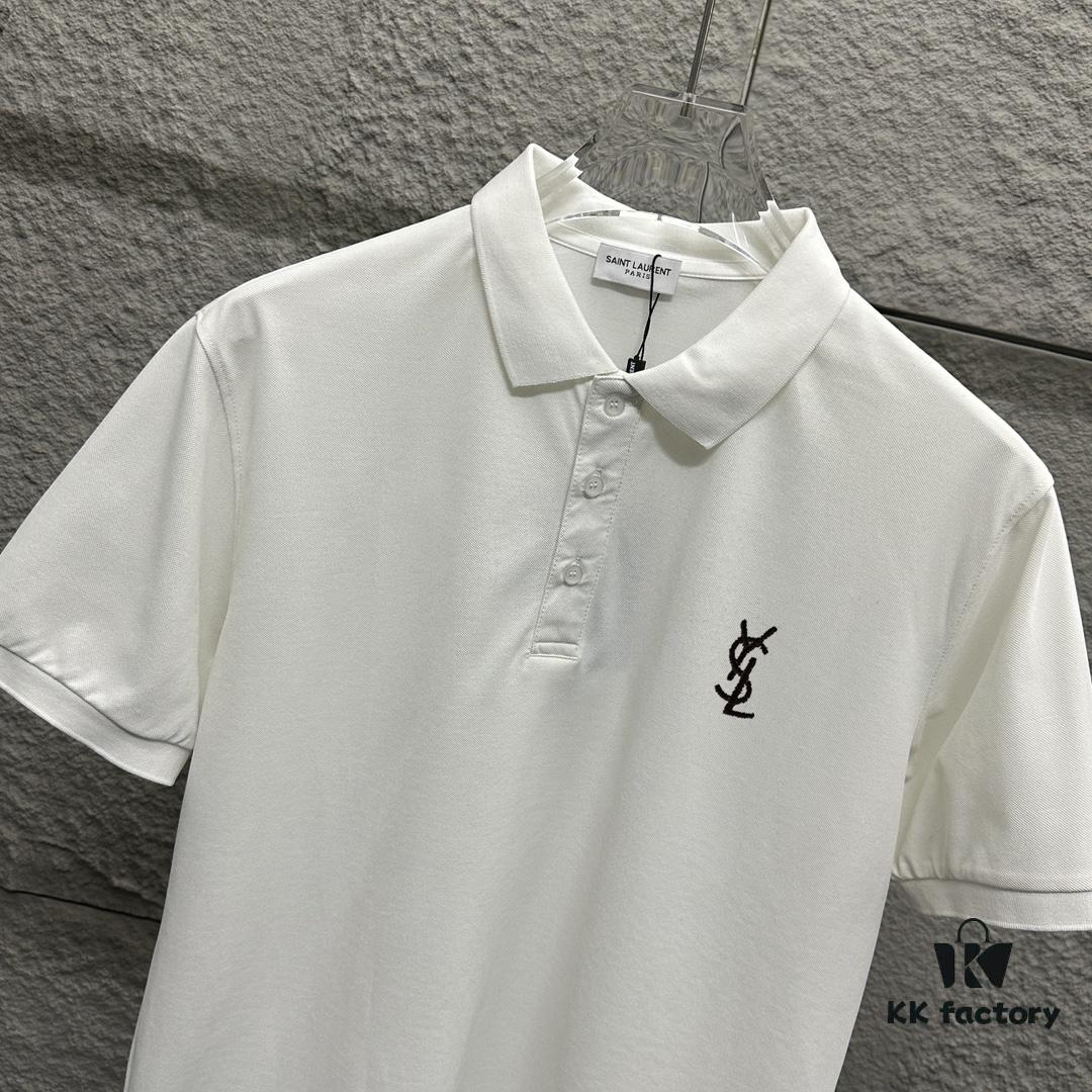 YSL Saint Laurent Short-Sleeve Polo Shirt 2025 Spring/Summer New Arrival Minimalist Letter Embroidery Beaded Fabric Unisex Polo Collar