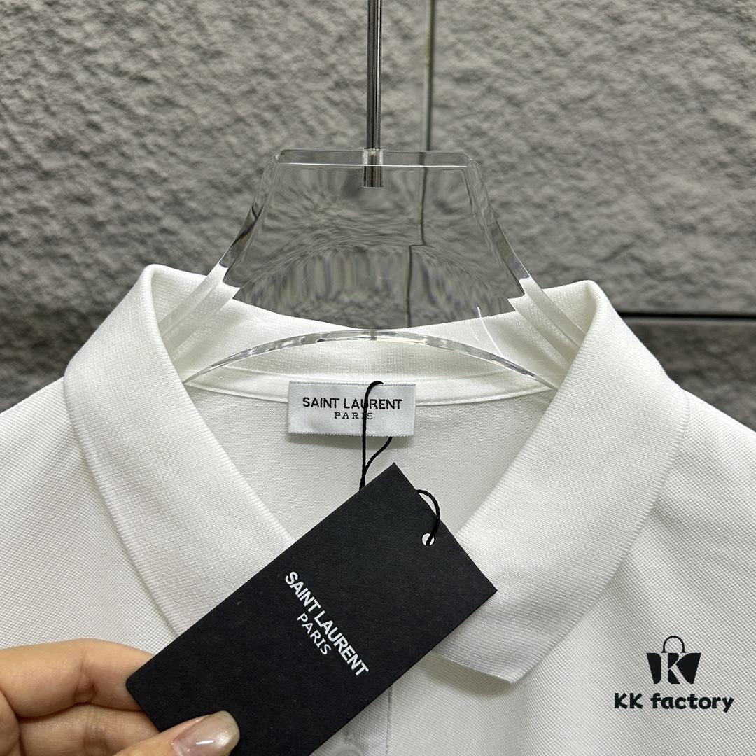 YSL Saint Laurent Short-Sleeve Polo Shirt 2025 Spring/Summer New Arrival Minimalist Letter Embroidery Beaded Fabric Unisex Polo Collar