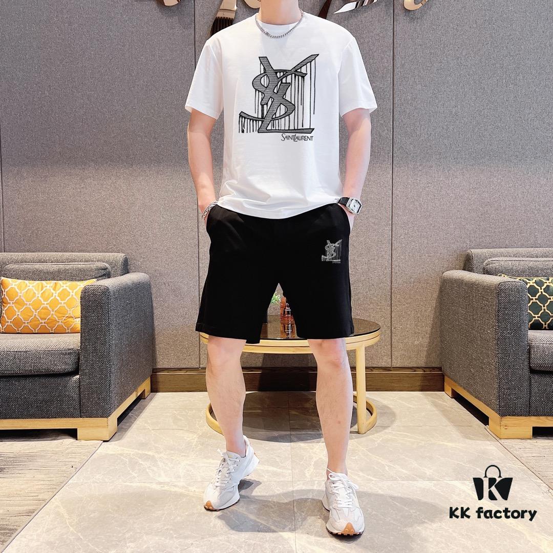 YSL Saint Laurent 2025 New Men's Short Sleeve T-Shirt and Shorts Set! Official Website Synchronized Sales! High-End Version on Market! Exquisitely Soft and Smooth Texture for Ultimate Comfort! Excellent Three-Dimensional Tailoring and Silhouette!