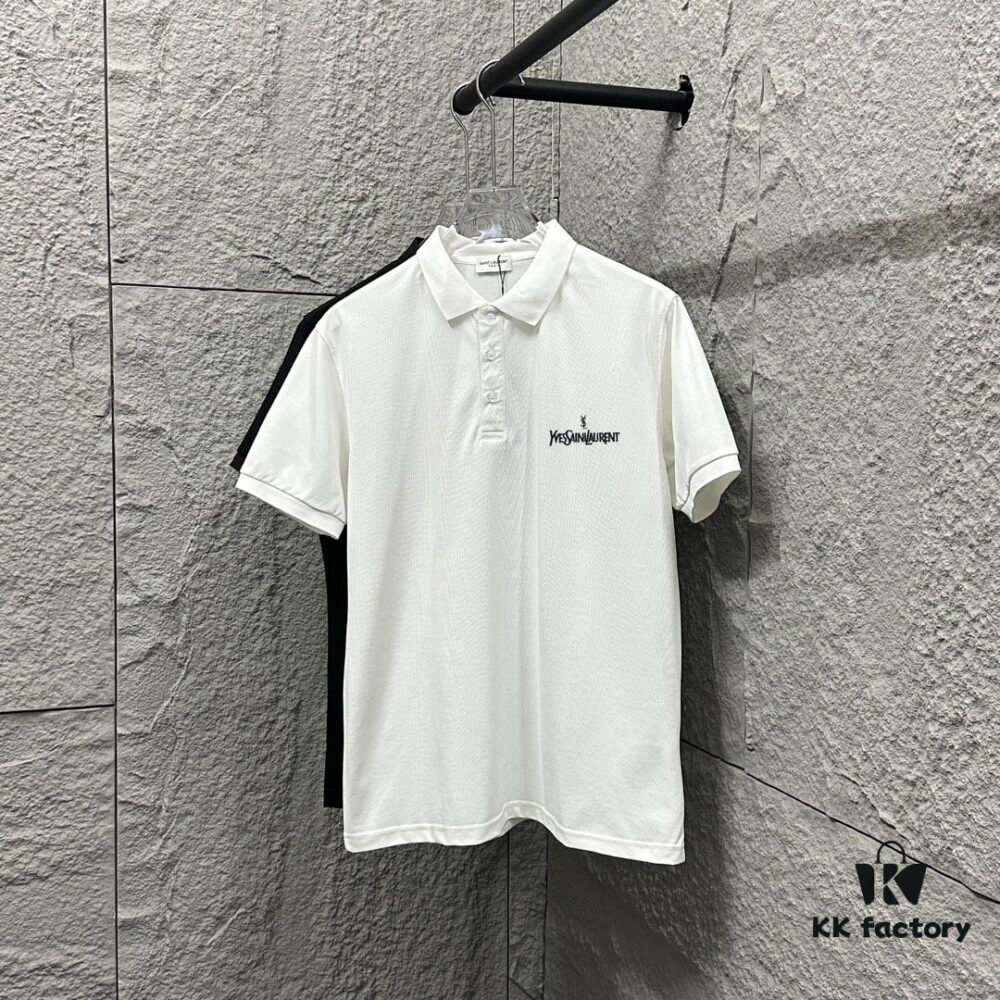 YSL Saint Laurent Short-Sleeve Polo 2025 Spring/Summer New Arrival Minimalist Letter Embroidery Beaded Fabric Unisex Stand-Collar Polo