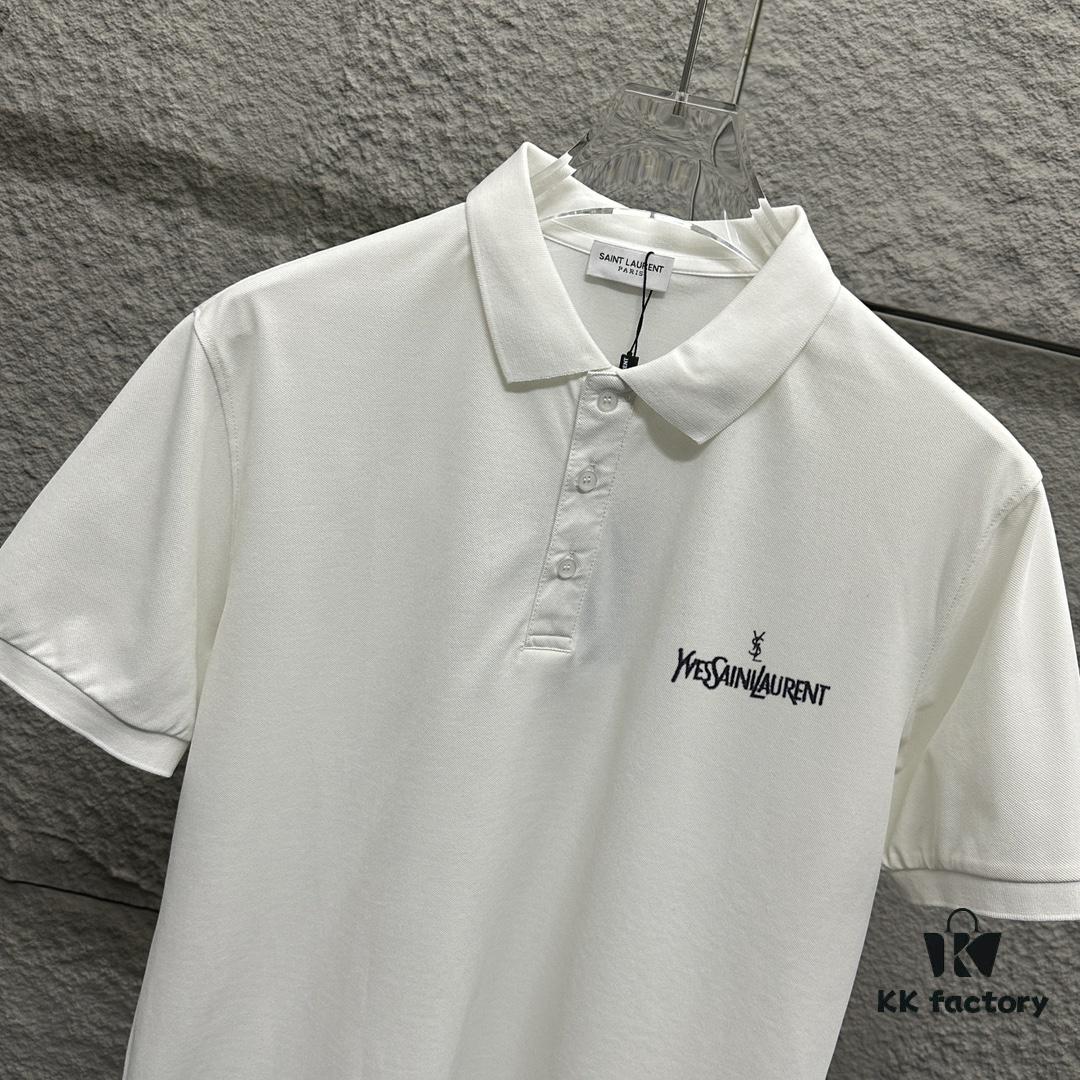 YSL Saint Laurent Short-Sleeve Polo 2025 Spring/Summer New Arrival Minimalist Letter Embroidery Beaded Fabric Unisex Stand-Collar Polo