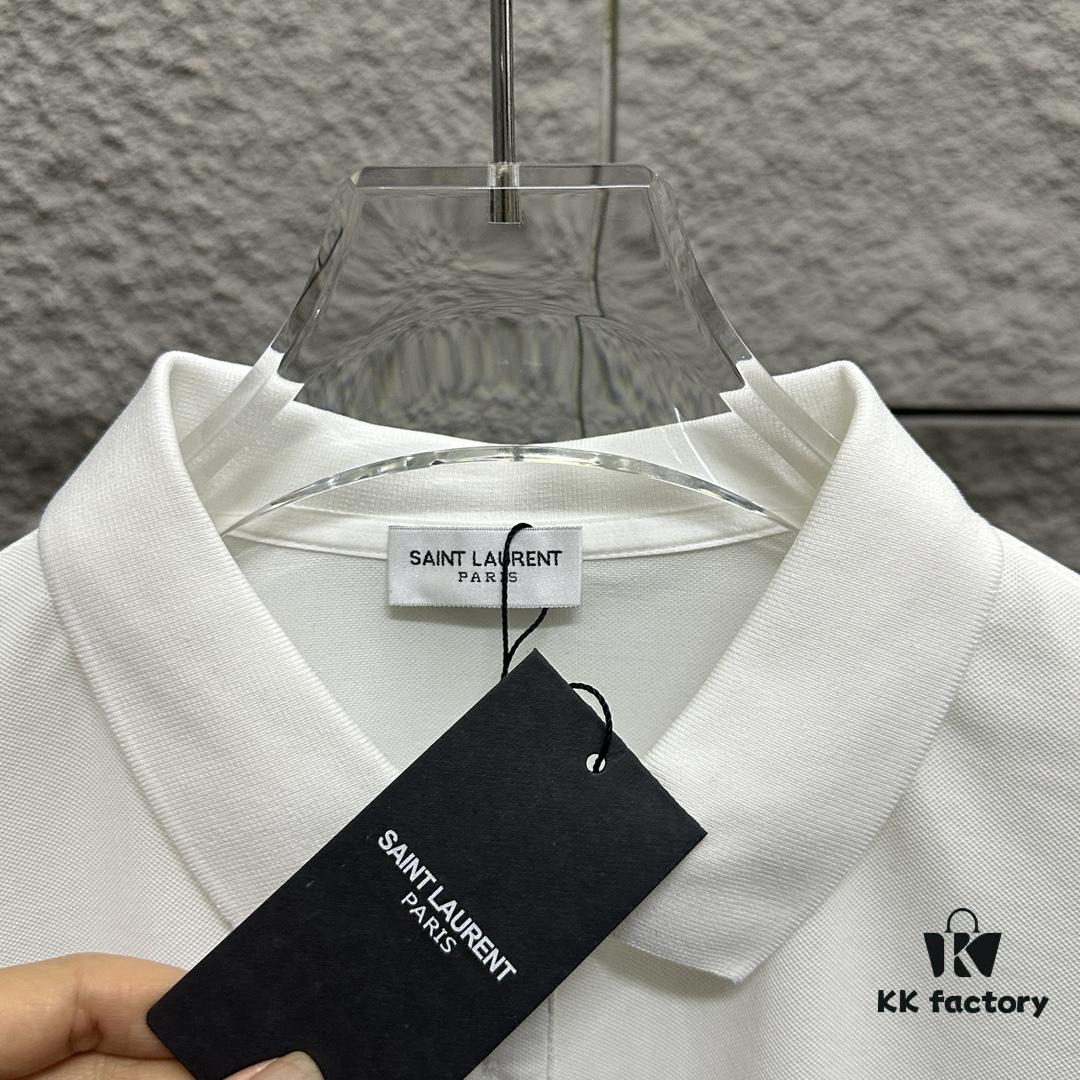 YSL Saint Laurent Short-Sleeve Polo 2025 Spring/Summer New Arrival Minimalist Letter Embroidery Beaded Fabric Unisex Stand-Collar Polo