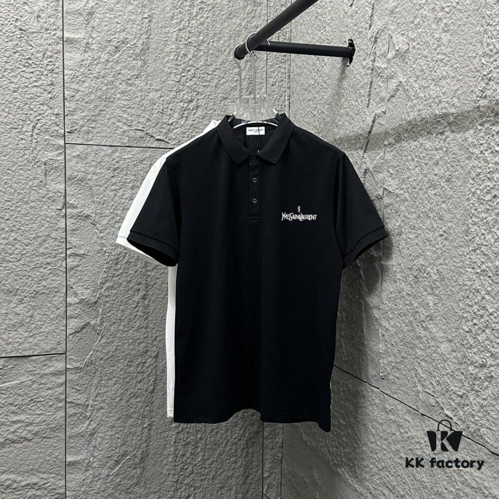 YSL Saint Laurent Short-Sleeve Polo 2025 Spring/Summer New Arrival Minimalist Letter Embroidery Beaded Fabric Unisex Polo Collar