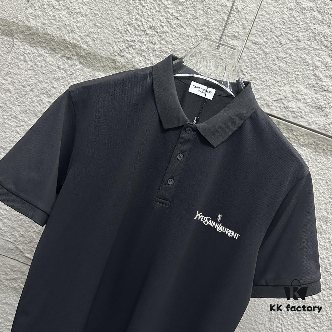 YSL Saint Laurent Short-Sleeve Polo 2025 Spring/Summer New Arrival Minimalist Letter Embroidery Beaded Fabric Unisex Polo Collar