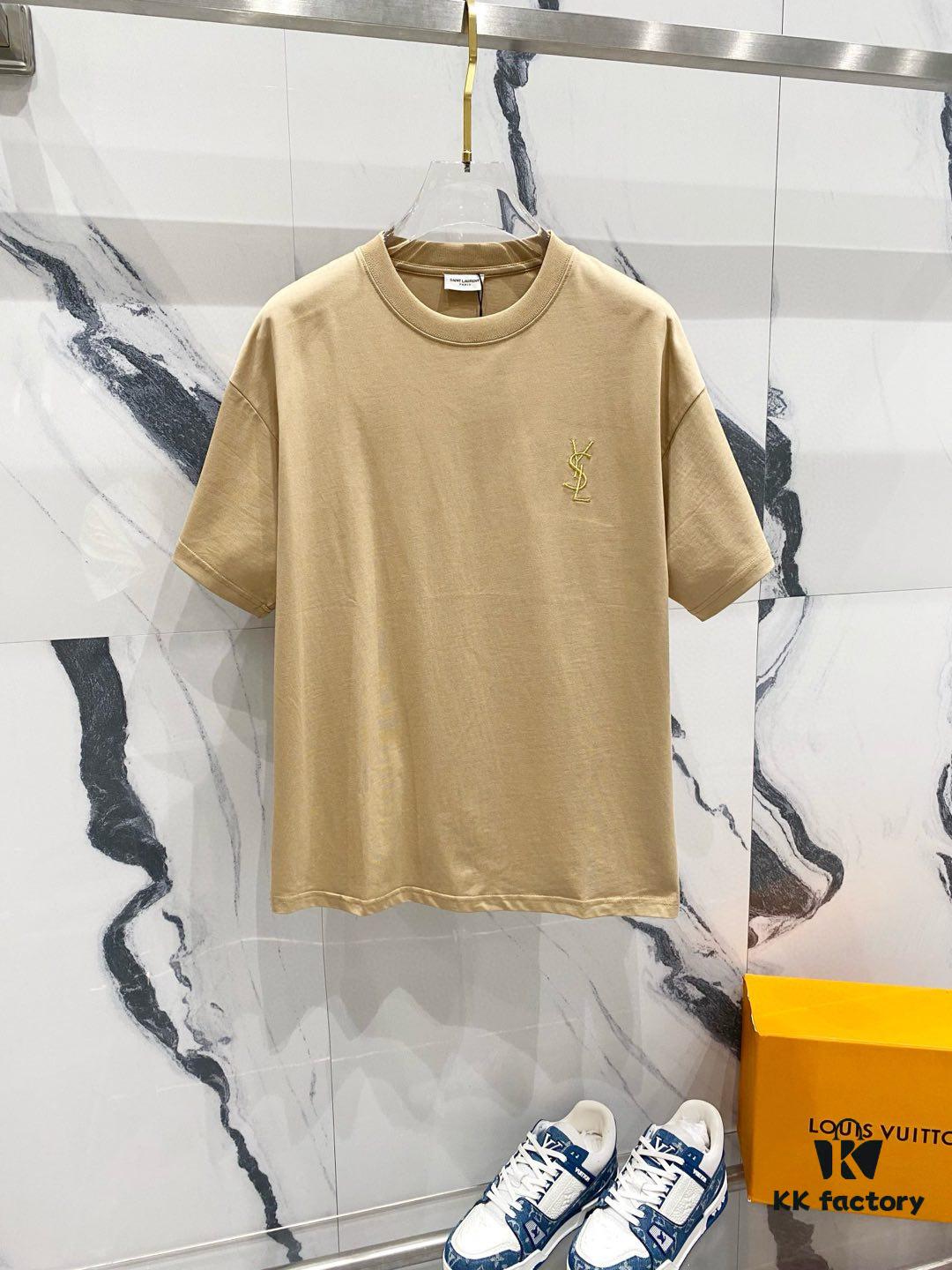 YSL Saint Laurent 260g Cotton Crew Neck Short Sleeve T-Shirt, Classic Minimalist Design with Embroidered Logo, Fashionable and Versatile