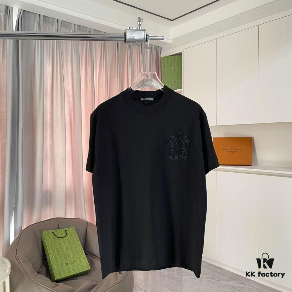 CH Cro * 2025 Summer New Arrival Sanskrit Horse Hoof Cross, Intersecting Vacuum Embroidery Short Sleeve T-Shirt, Custom 300g Fabric, Unisex Design