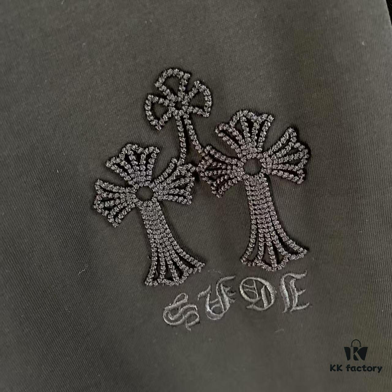 CH Cro * 2025 Summer New Arrival Sanskrit Horse Hoof Cross, Intersecting Vacuum Embroidery Short Sleeve T-Shirt, Custom 300g Fabric, Unisex Design