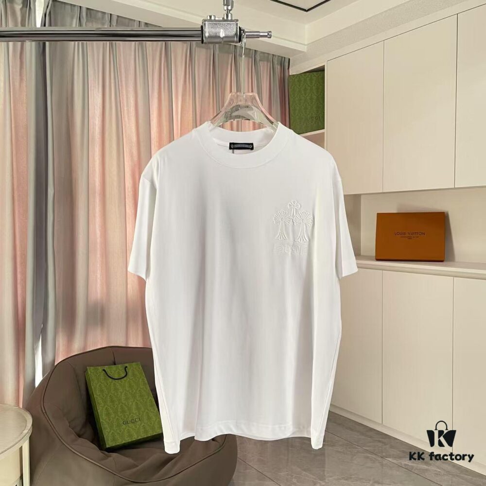 CH Cro * 2025 Summer New Arrival Buddhist Mantra Horseshoe Cross, Intersecting Vacuum Embroidery Short Sleeve T-Shirt, Custom 300g Fabric, Unisex Design