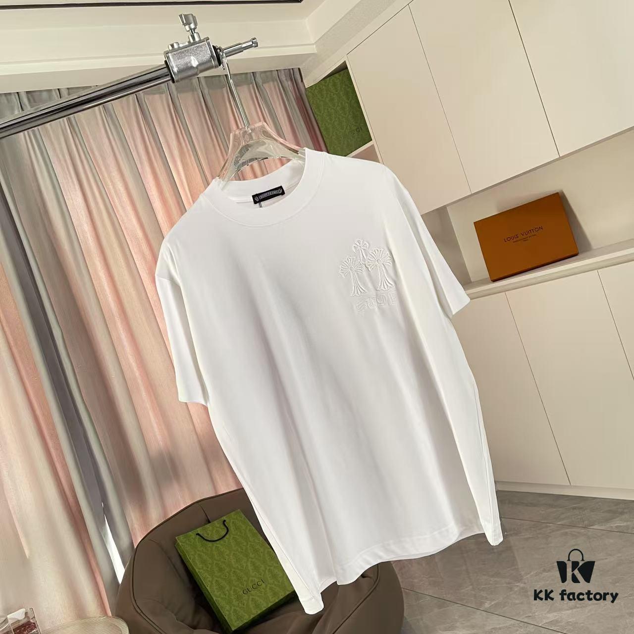 CH Cro * 2025 Summer New Arrival Buddhist Mantra Horseshoe Cross, Intersecting Vacuum Embroidery Short Sleeve T-Shirt, Custom 300g Fabric, Unisex Design